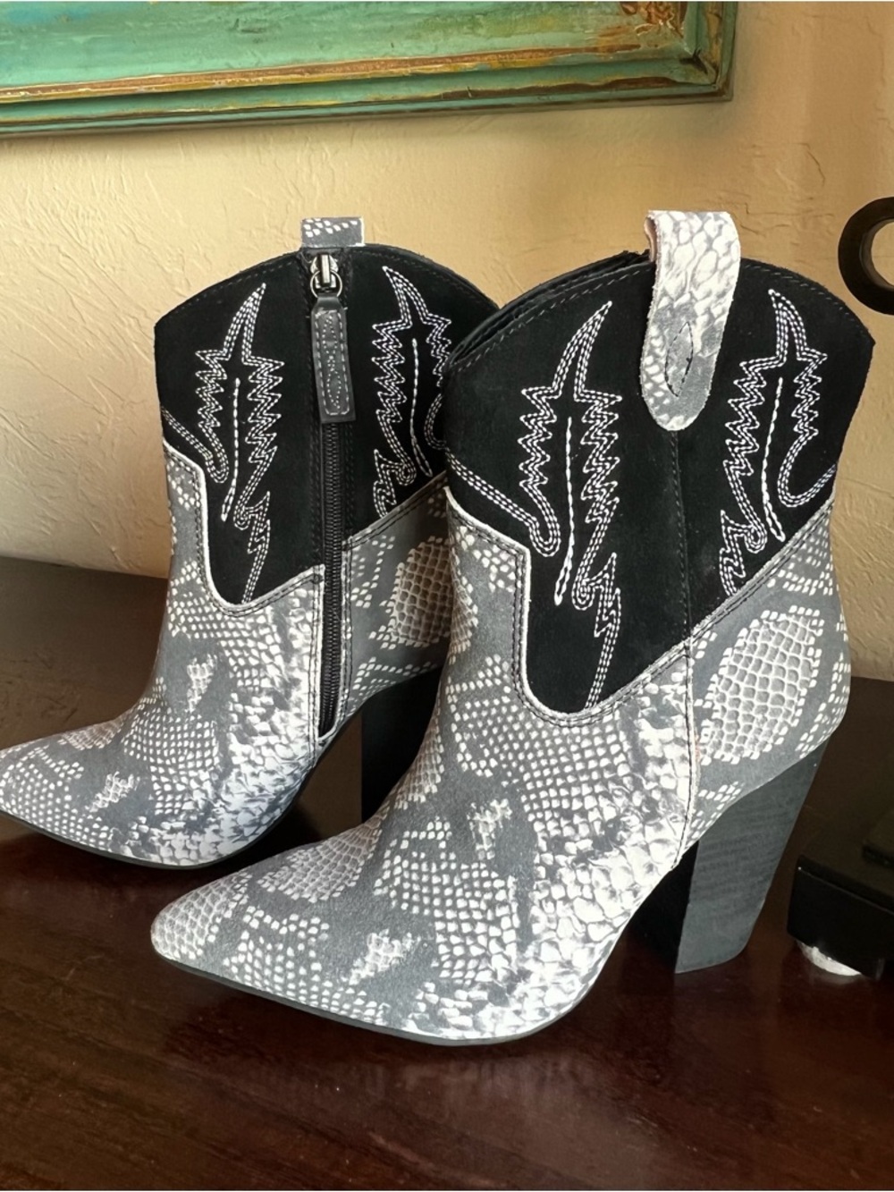 Dingo Black and Gray Snake-Print Western Ankle Boots